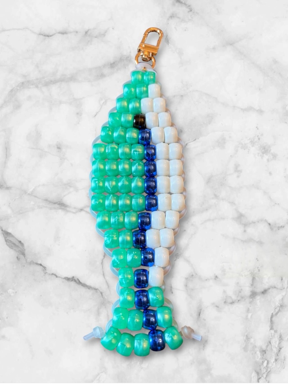 Handmade Beaded Fish Keychain in Aqua, White & Blue
